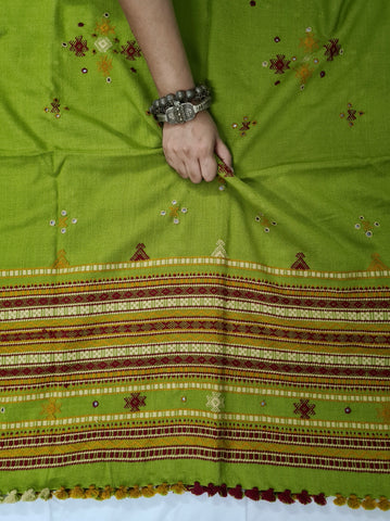 Kutch Handwoven Mirror-Work Olive Green Woollen Shawl With Tassels - Neevi by Ridhima