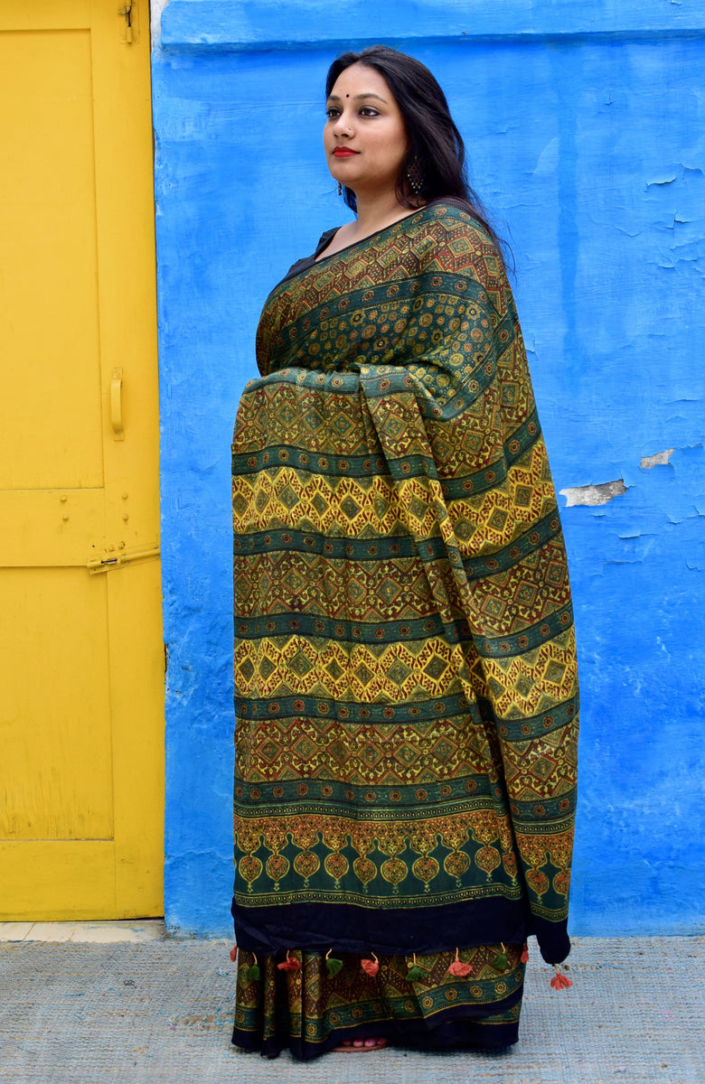 Ajrakh Hand Block Printed Modal Silk Saree With Blouse at Rs 3300, Hand  Block Silk Saree in Gandhidham