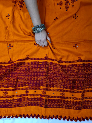 Kutch Handwoven Mirror-Work Orange-Red Woollen Shawl With Tassels - Neevi by Ridhima