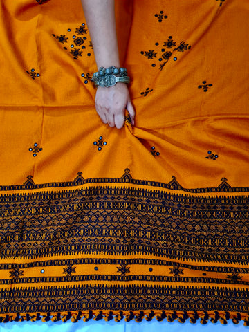 Kutch Handwoven Mirror-Work Orange-Black Woollen Shawl With Tassels - Neevi by Ridhima