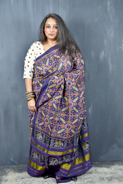 RATAN CHOK PERSIAN INDIGO SINGLE IKAT COTTON PATOLA SAREE WITH ZARI ANCHAL