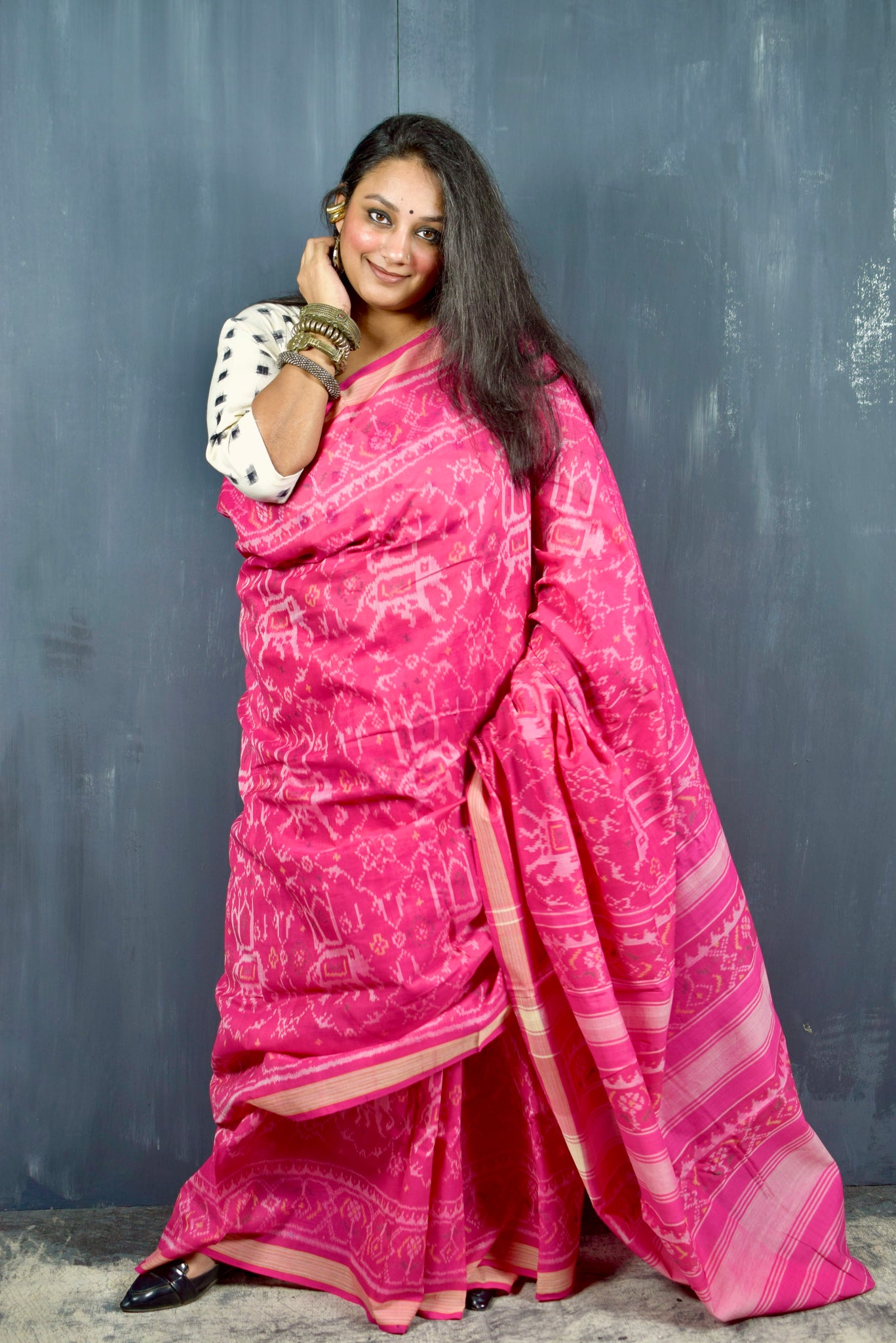 KUNJAR BHAT BARBIE PINK SINGLE IKAT COTTON PATOLA SAREE