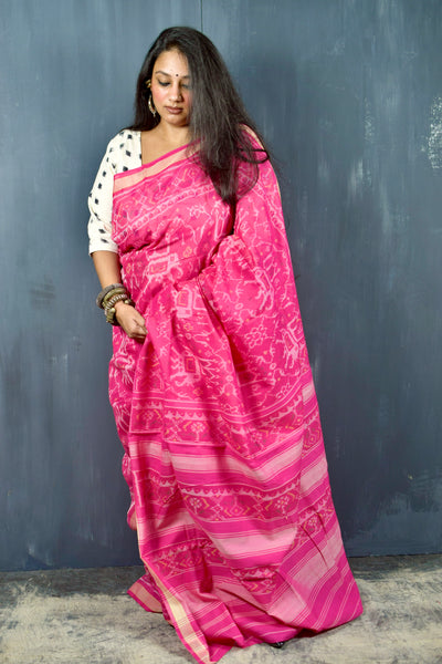 KUNJAR BHAT BARBIE PINK SINGLE IKAT COTTON PATOLA SAREE