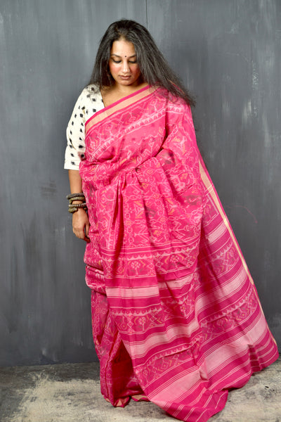 NARI KUNJAR POPAT PHOOL BHAT PINK SINGLE IKAT COTTON PATOLA SAREE