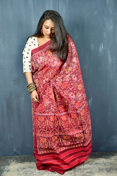 NARI KUNJAR POPAT PHOOL BHAT SANGRIA RED SINGLE IKAT COTTON PATOLA SAREE