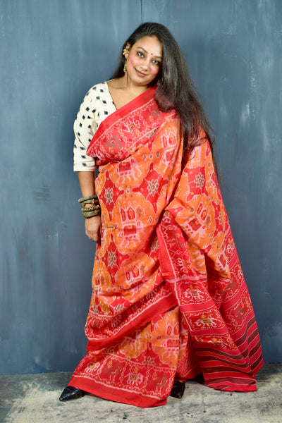 KUNJAR BHAT RASPBERRY RED-APRICOT ORANGE SINGLE IKAT COTTON PATOLA SAREE