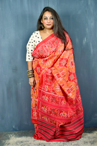 KUNJAR BHAT RASPBERRY RED-APRICOT ORANGE SINGLE IKAT COTTON PATOLA SAREE