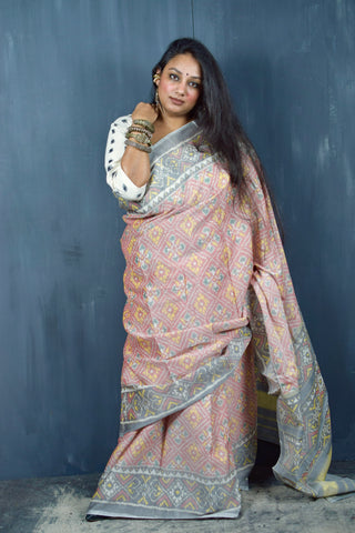 RATAN CHOK MELON PEACH-SPANISH GREY SINGLE IKAT COTTON PATOLA SAREE