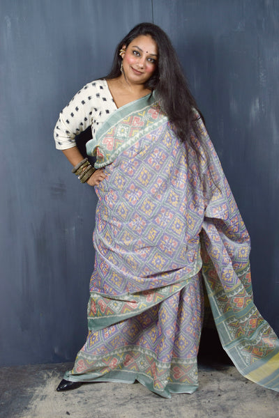 RATAN CHOK PERIWINKLE BLUE-PISTACHIO GREEN SINGLE IKAT COTTON PATOLA SAREE