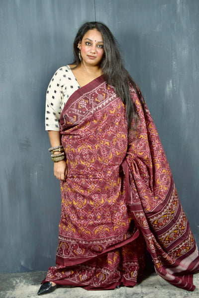 PHOOLWALI BHAT BURGUNDY SINGLE IKAT COTTON PATOLA SAREE