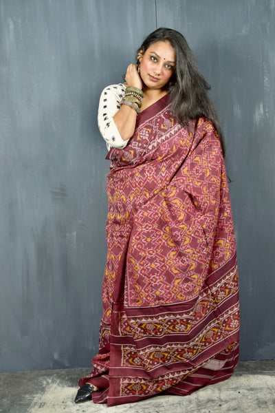 PHOOLWALI BHAT BURGUNDY SINGLE IKAT COTTON PATOLA SAREE