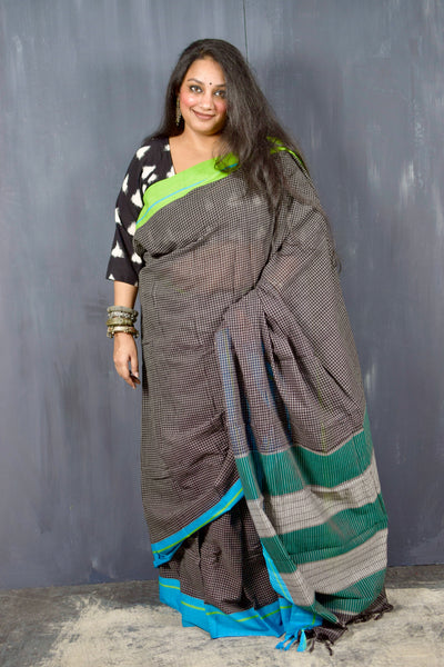 PATTEDA ANCHU BLACK WITH GANGA JAMUNA GREEN-BLUE BORDER COTTON SAREE