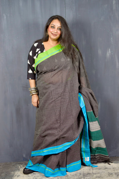 PATTEDA ANCHU BLACK WITH GANGA JAMUNA GREEN-BLUE BORDER COTTON SAREE