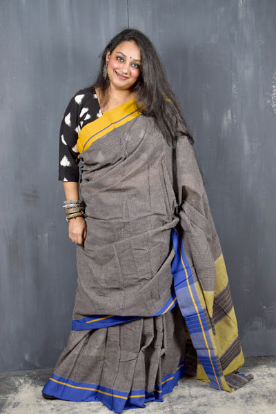 PATTEDA ANCHU BLACK WITH GANGA JAMUNA YELLOW-BLUE BORDER COTTON SAREE