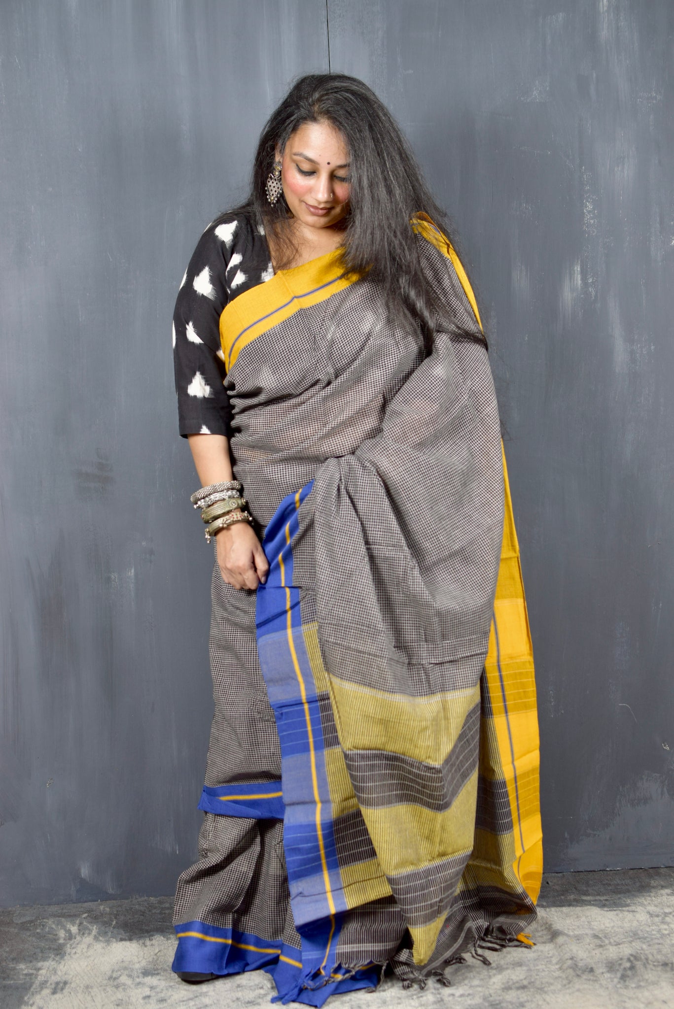 PATTEDA ANCHU BLACK WITH GANGA JAMUNA YELLOW-BLUE BORDER COTTON SAREE