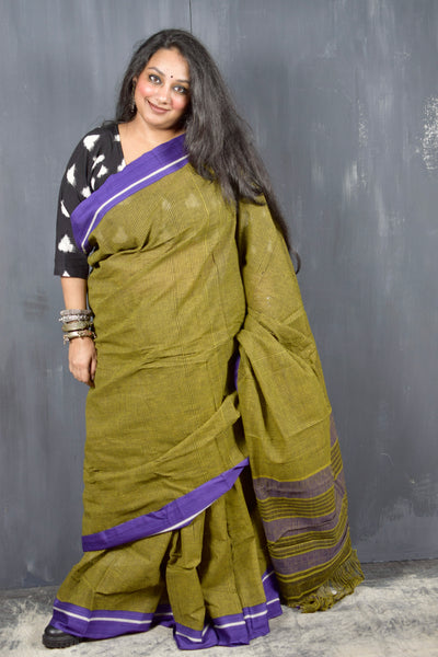 PATTEDA ANCHU MEHENDI WITH PURPLE BORDER COTTON SAREE