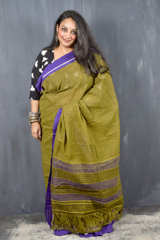 PATTEDA ANCHU MEHENDI WITH PURPLE BORDER COTTON SAREE