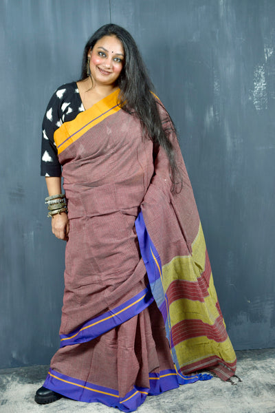 PATTEDA ANCHU MAROON WITH GANGA JANUMA YELLOW-PURPLE BORDER COTTON SAREE