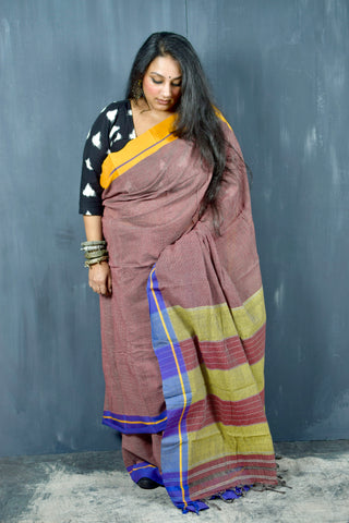 PATTEDA ANCHU MAROON WITH GANGA JANUMA YELLOW-PURPLE BORDER COTTON SAREE