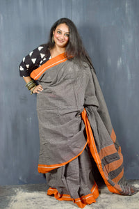 PATTEDA ANCHU BLACK WITH ORANGE BORDER COTTON SAREE