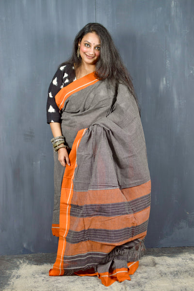 PATTEDA ANCHU BLACK WITH ORANGE BORDER COTTON SAREE