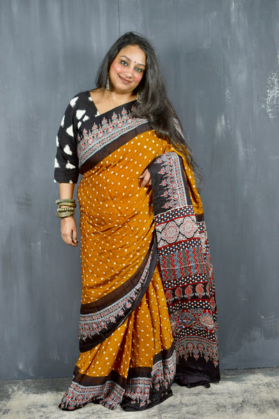 AJRAKH BANDHANI HANDBLOCK GOLD YELLOW - BLACK MODAL SILK SAREE