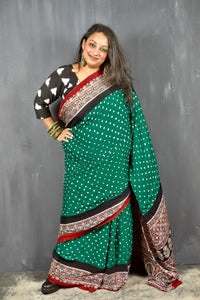 AJRAKH BANDHANI HANDBLOCK CASTLETON GREEN - BLOOD RED MODAL SILK SAREE