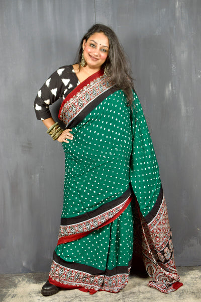 AJRAKH BANDHANI HANDBLOCK CASTLETON GREEN - BLOOD RED MODAL SILK SAREE