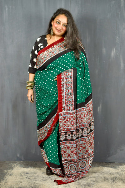 AJRAKH BANDHANI HANDBLOCK CASTLETON GREEN - BLOOD RED MODAL SILK SAREE