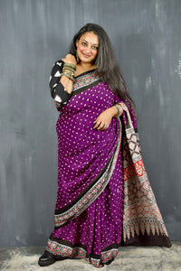 AJRAKH BANDHANI HANDBLOCK IRIS PURPLE - BLACK MODAL SILK SAREE