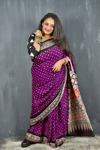 AJRAKH BANDHANI HANDBLOCK IRIS PURPLE - BLACK MODAL SILK SAREE