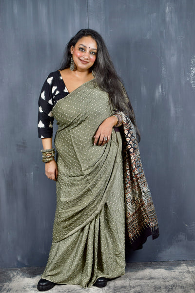 AJRAKH BANDHANI HANDBLOCK SAGE GREEN - BLACK MODAL SILK SAREE