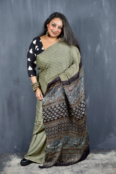 AJRAKH BANDHANI HANDBLOCK SAGE GREEN - BLACK MODAL SILK SAREE