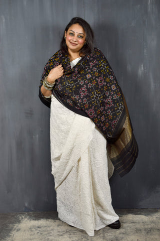 PURE WOOL SINGLE IKAT BLACK PATOLA SHAWL WITH ZARI BORDERS