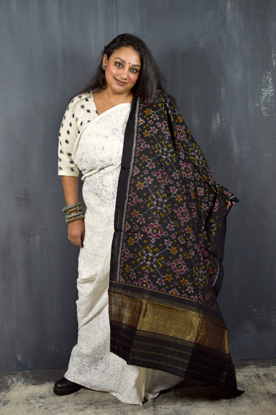 PURE WOOL SINGLE IKAT BLACK PATOLA SHAWL WITH ZARI BORDERS