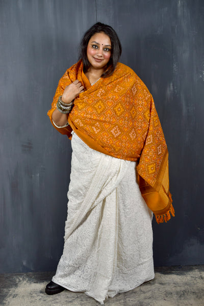 PURE WOOL SINGLE IKAT FIRE YELLOW PATOLA SHAWL WITH ZARI BORDERS