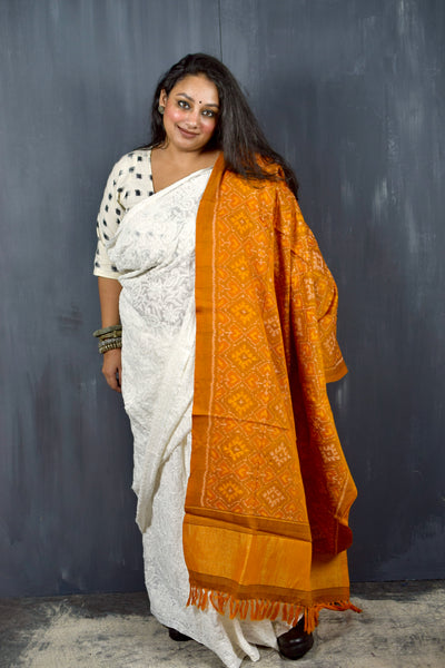 PURE WOOL SINGLE IKAT FIRE YELLOW PATOLA SHAWL WITH ZARI BORDERS