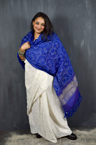 PURE WOOL SINGLE IKAT INDIGO PATOLA SHAWL WITH ZARI BORDERS