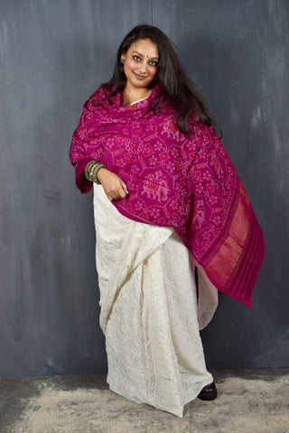 PURE WOOL SINGLE IKAT JAZZBERRY JAM PINK PATOLA SHAWL WITH ZARI BORDERS