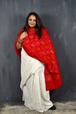 PURE WOOL SINGLE IKAT SCARLET RED PATOLA SHAWL WITH ZARI BORDERS