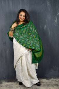 PURE WOOL SINGLE IKAT FOREST GREEN PATOLA SHAWL WITH ZARI BORDERS