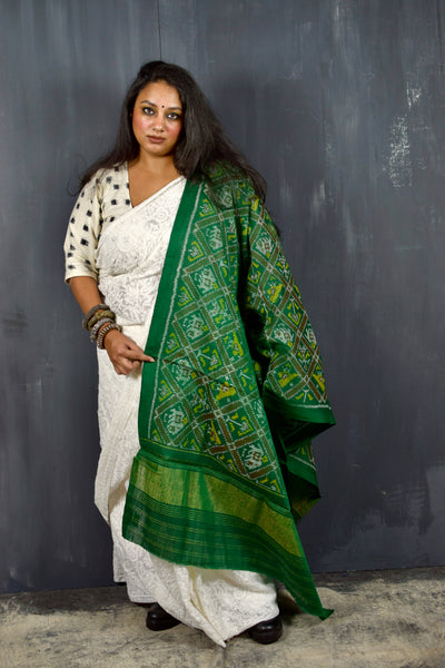 PURE WOOL SINGLE IKAT FOREST GREEN PATOLA SHAWL WITH ZARI BORDERS