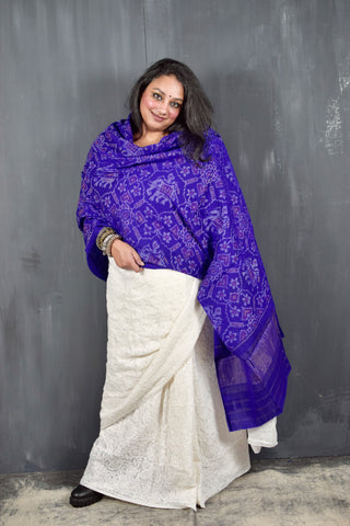 PURE WOOL SINGLE IKAT AMETHYST PURPLE PATOLA SHAWL WITH ZARI BORDERS