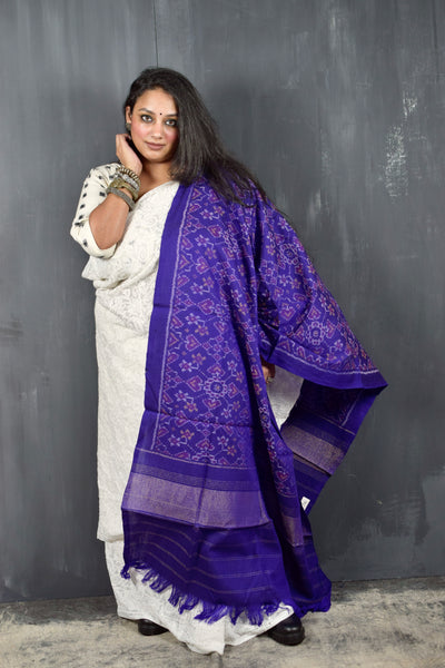 PURE WOOL SINGLE IKAT AMETHYST PURPLE PATOLA SHAWL WITH ZARI BORDERS