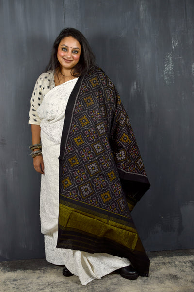 PURE WOOL SINGLE IKAT BLACK PATOLA SHAWL WITH ZARI BORDERS