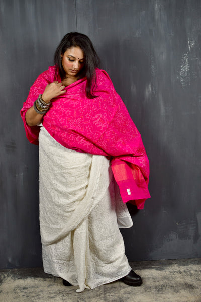 PURE WOOL SINGLE IKAT BARBIE PINK PATOLA SHAWL WITH ZARI BORDERS