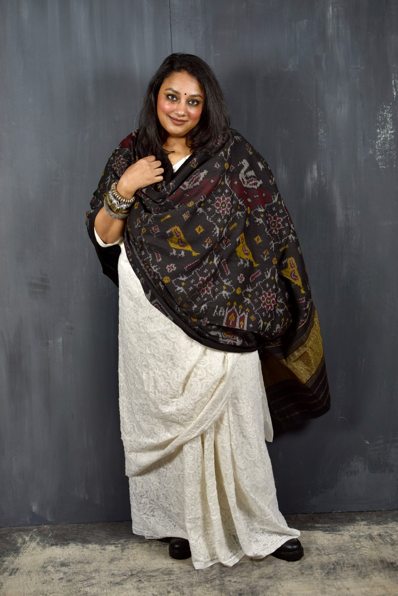 PURE WOOL SINGLE IKAT BLACK PATOLA SHAWL WITH ZARI BORDERS