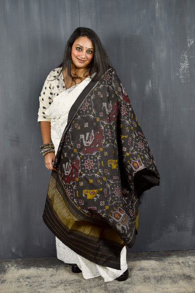 PURE WOOL SINGLE IKAT BLACK PATOLA SHAWL WITH ZARI BORDERS