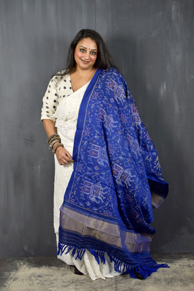 PURE WOOL SINGLE IKAT INDIGO PATOLA SHAWL WITH ZARI BORDERS