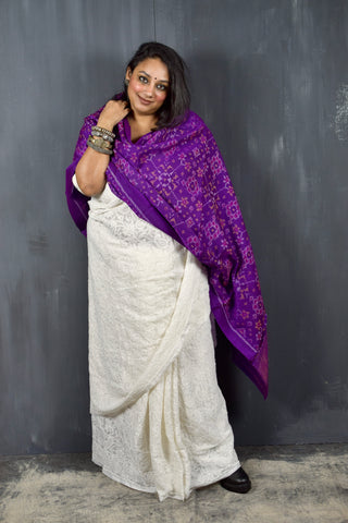 PURE WOOL SINGLE IKAT VIOLET PURPLE PATOLA SHAWL WITH ZARI BORDERS